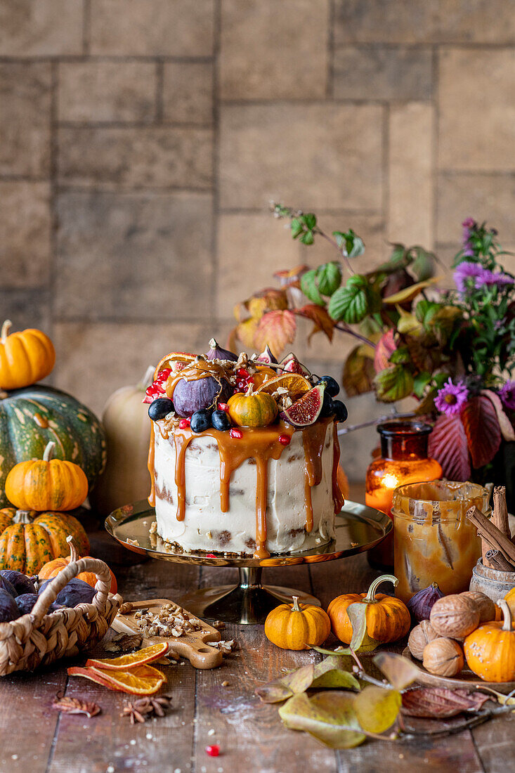 Pumpkin cake with caramel icing and fruit