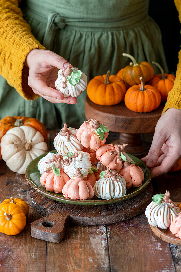 Mini pumpkin-shaped meringues