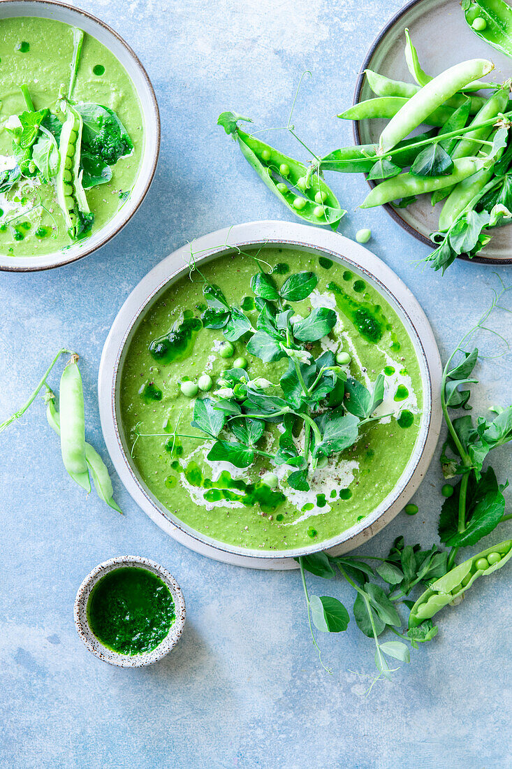 Erbsensuppe mit frischen Erbsen und Kräutern