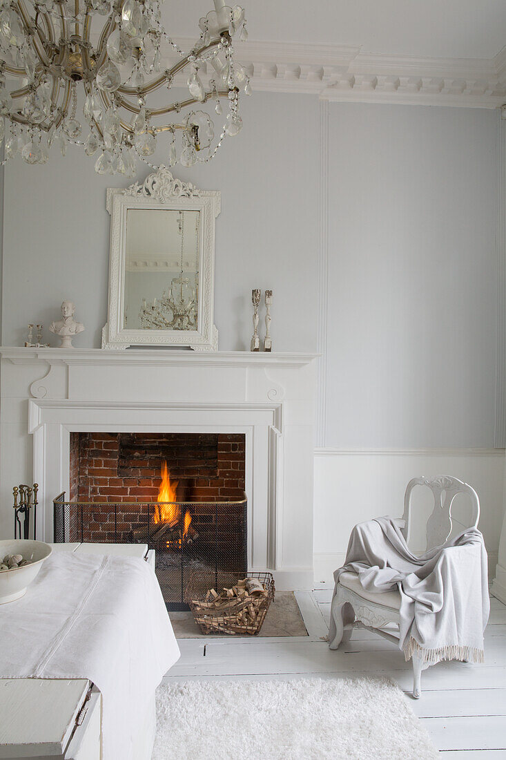 Classic living room with fireplace and crystal chandelier