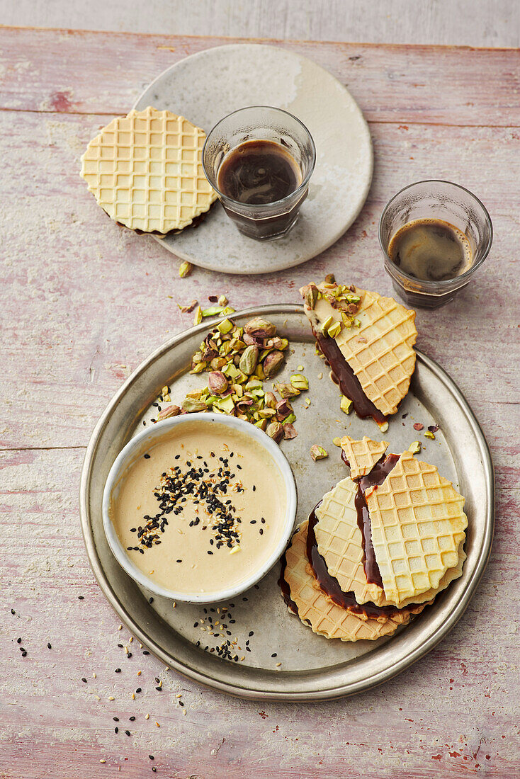 Dutch coffee stroopjes with roasted sesame sauce