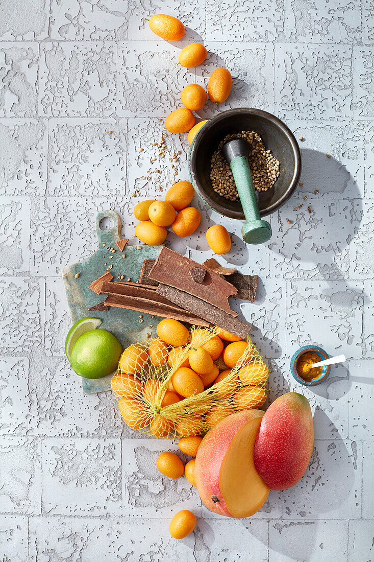 Ingredients for ayurvedic desserts - mango, kumquats, lime