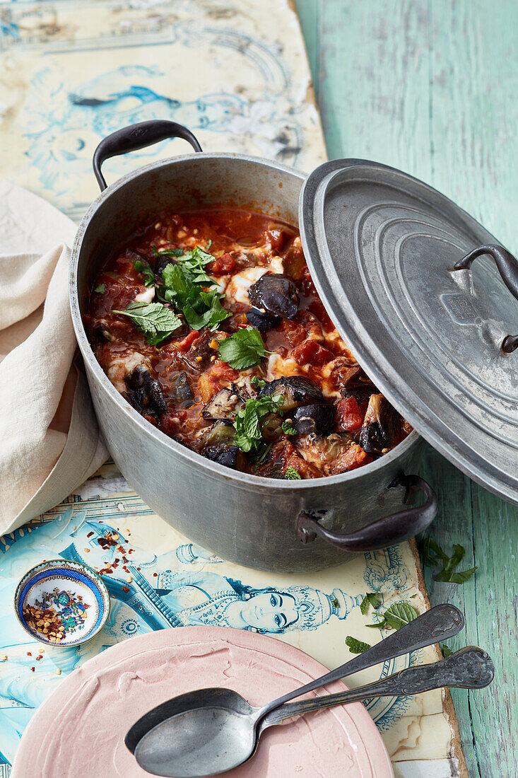 Aubergine curry with tamarind and coconut yoghurt