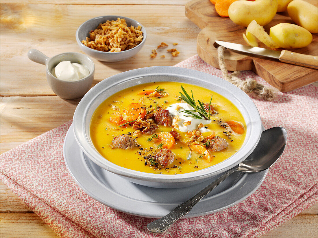 Hearty potato and carrot soup with poultry sausages