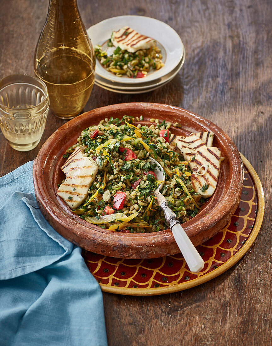 Freekeh tabouleh with fried halloumi and soft apricots