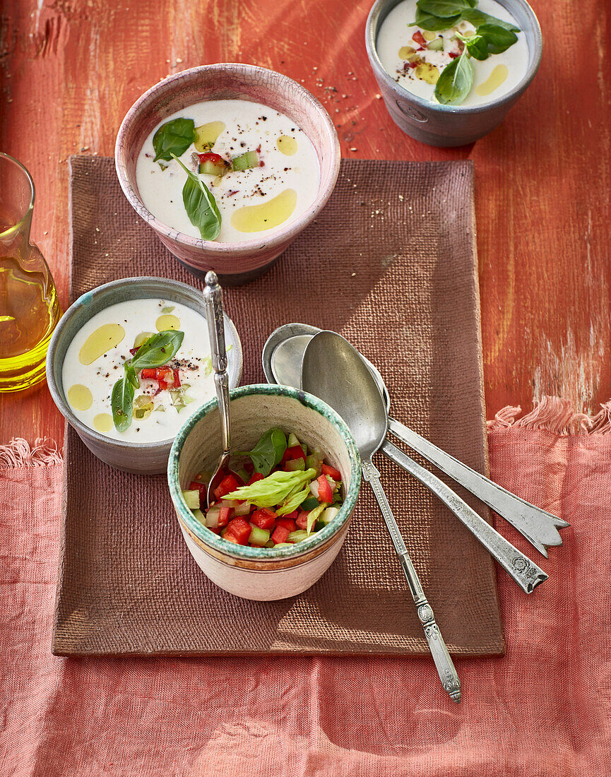 Ajo blanco with crunchy vegetable topping