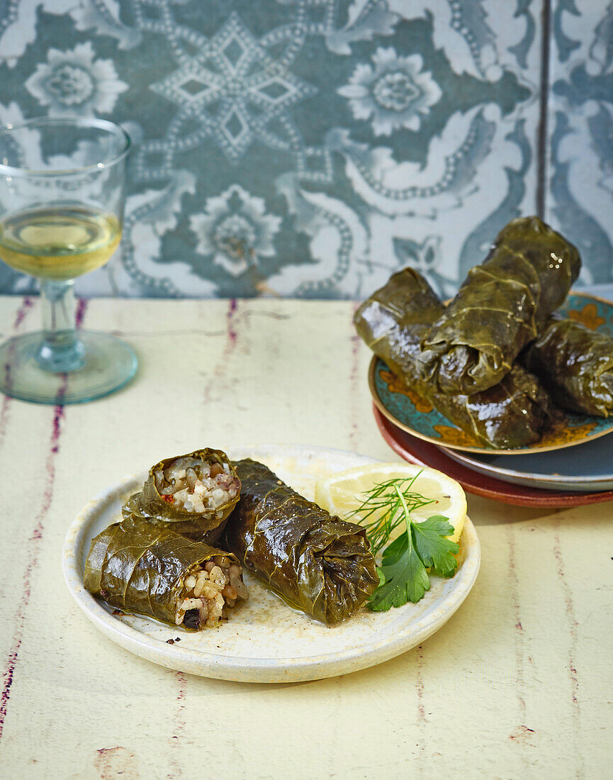Dolmades with mint, sultanas, feta and pine nuts