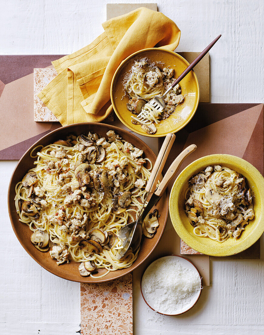 Chicken and mushroom pasta with parmesan