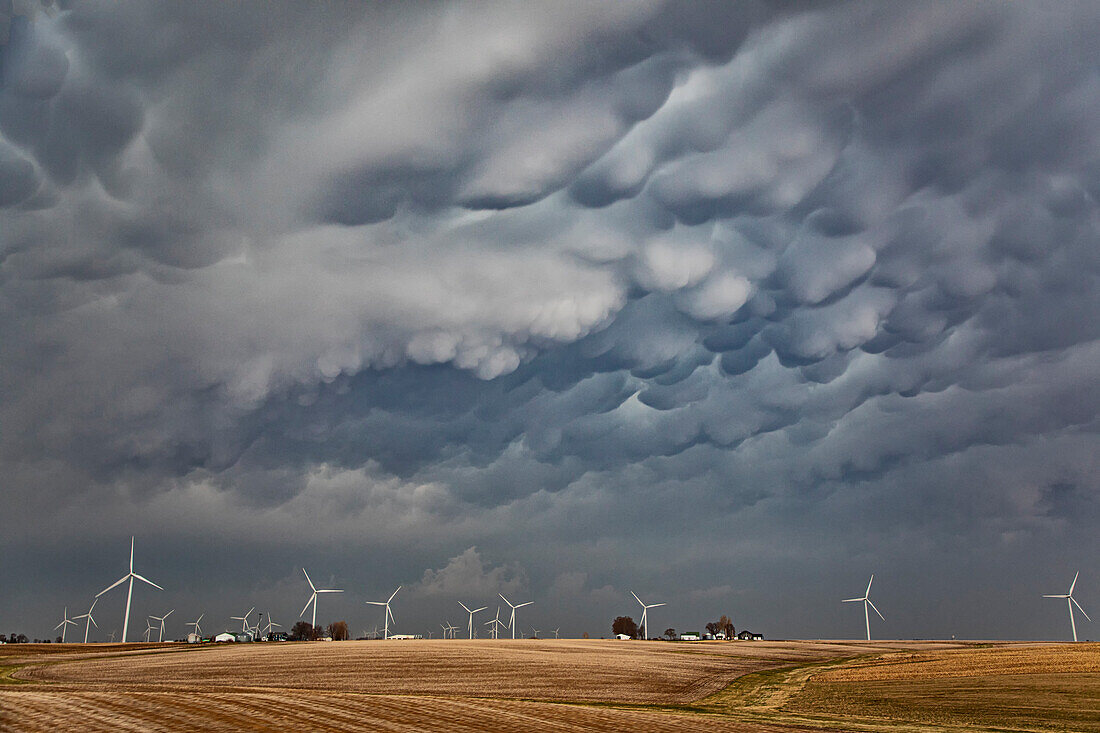 Mammatus clouds over wind turbines near Pleasantville, Iowa, USA