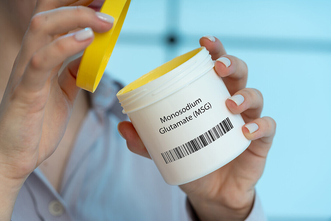 Monosodium glutamate food additive, conceptual image