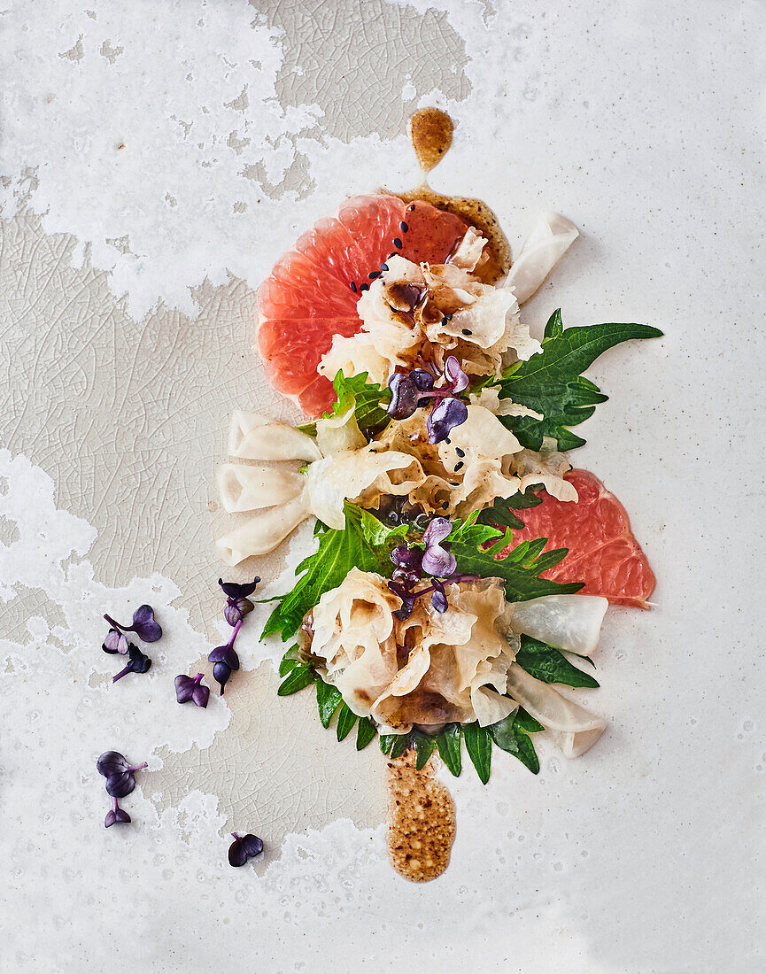 Silver ear salad with shiso and daikon cress