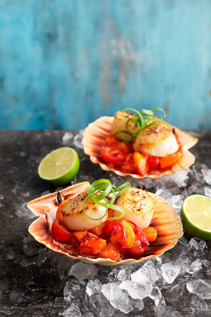 Pan-fried scallops with apricot and tomato chutney