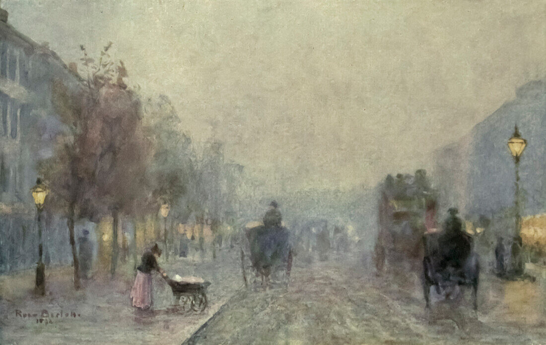 Brompton Road on a foggy evening, illustration