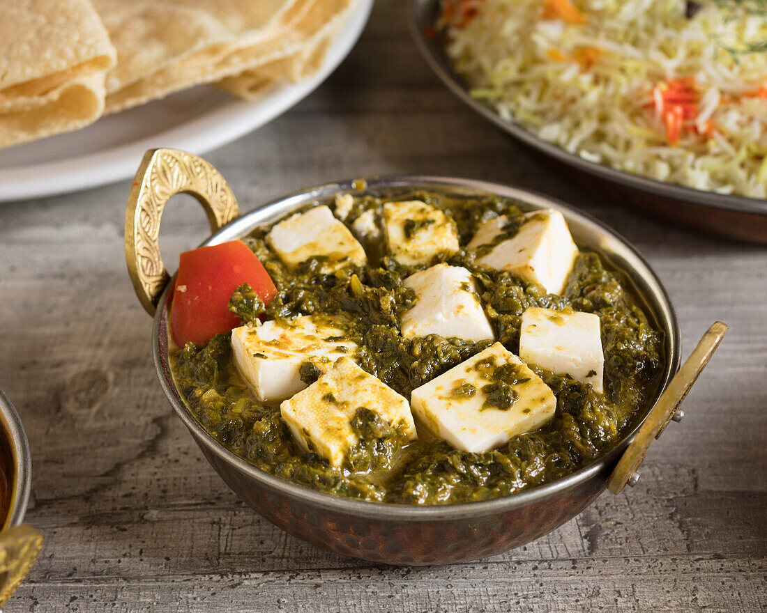 Saag paneer with rice and papadam