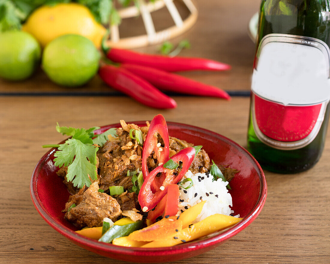 Beef rendang with white rice and chilli