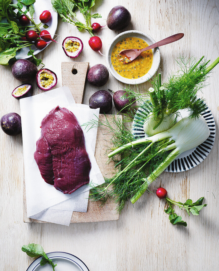 Raw venison with fennel, passion fruit and radish