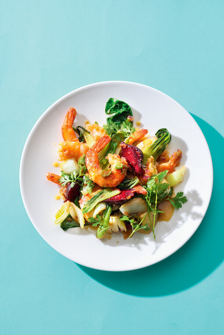 Yuzu prawns with mini beetroot and pak choy on wasabi butter