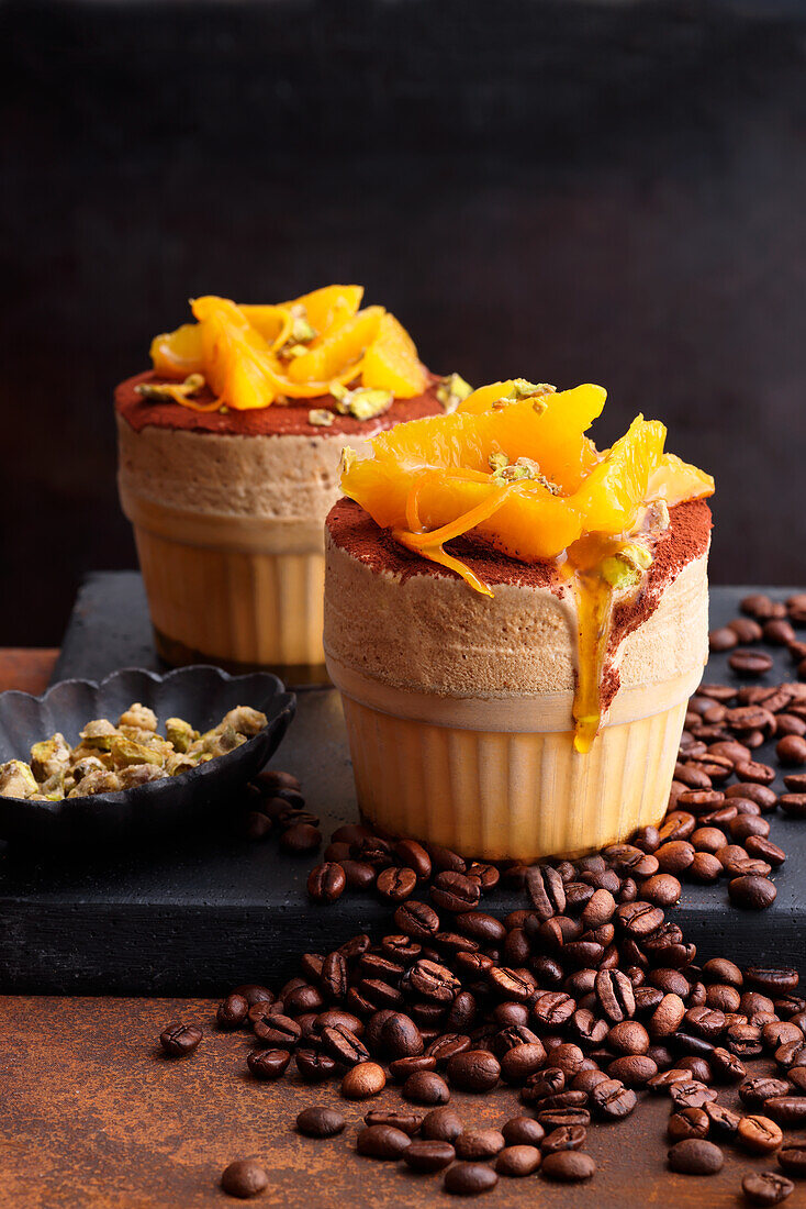 Iced coffee soufflé with orange ragout