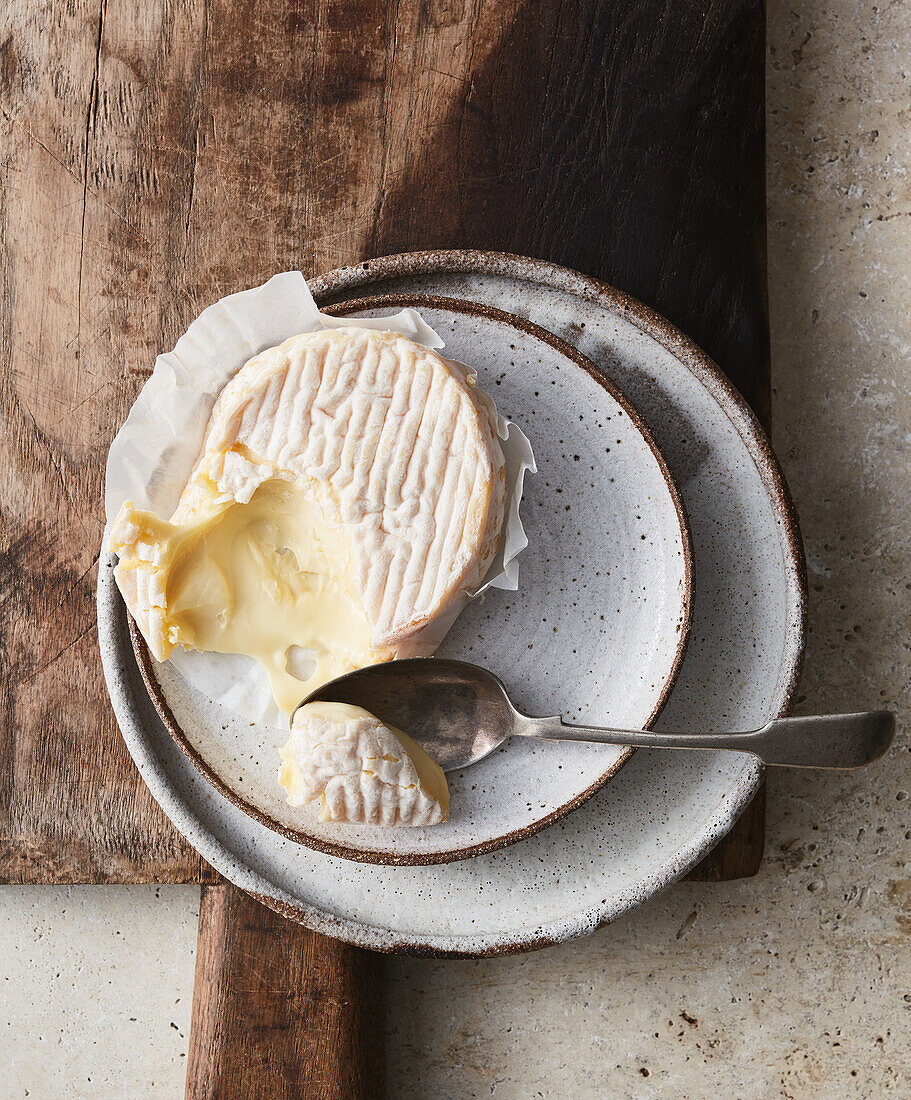 Creamy cheese on a plate with a spoon