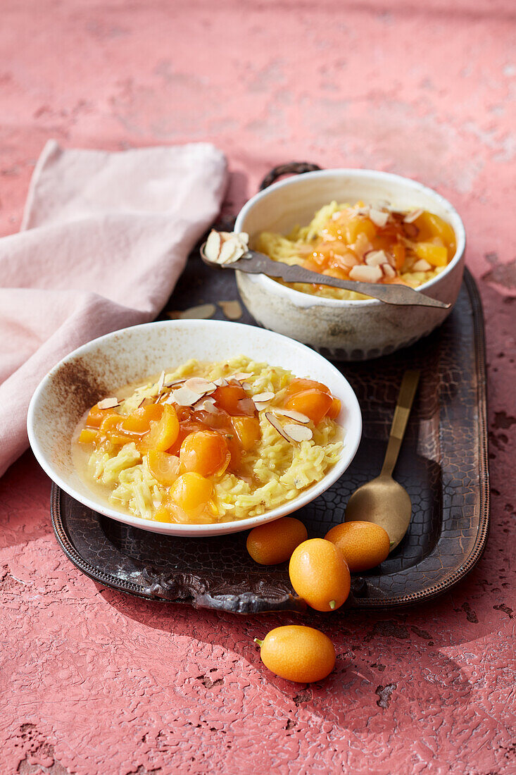 Saffron rice pudding with rose water and roasted kumquats