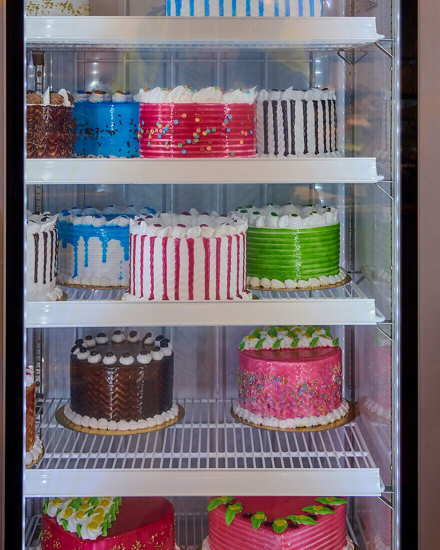 Kühlschrank mit verschiedenen farbenfrohen Torten