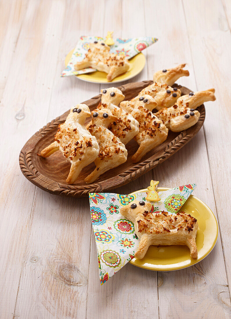 Lambs and Easter bunnies made from puff pastry with a coconut crust