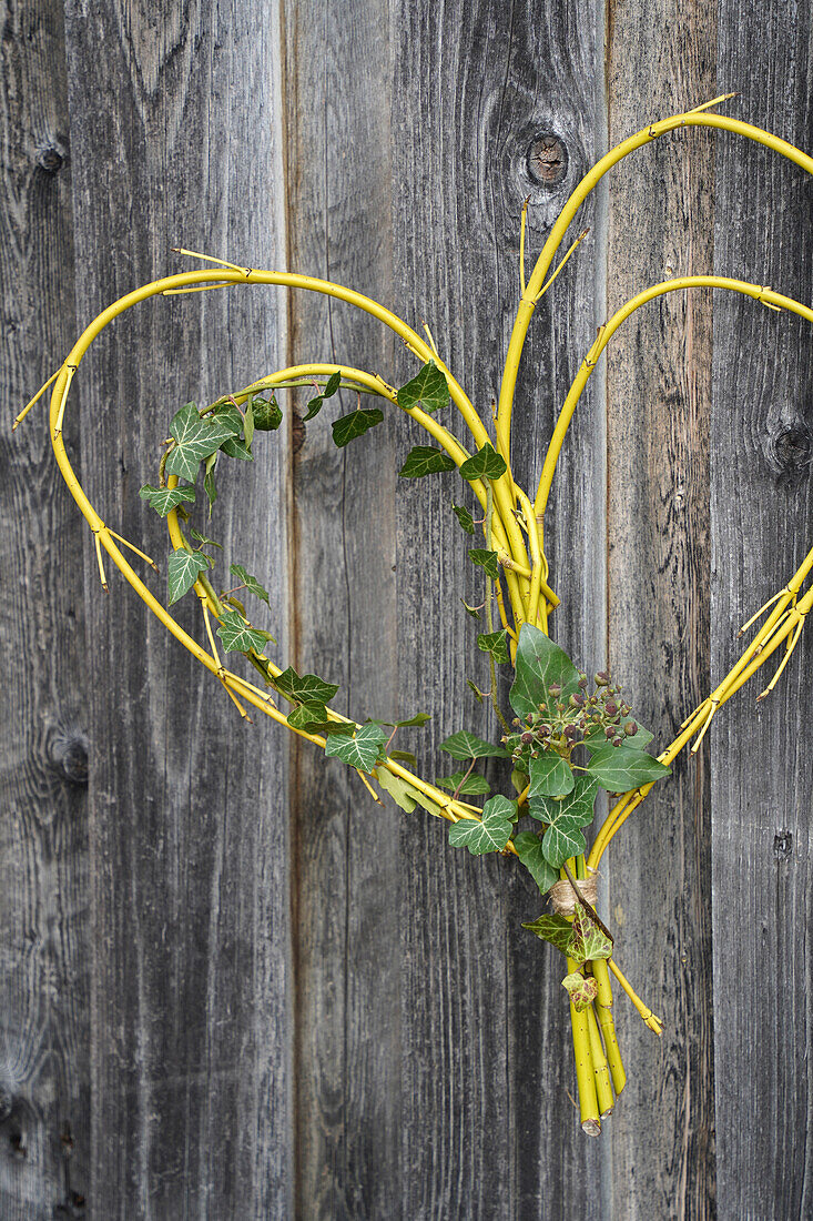 DIY-Herz aus gelben Zweigen und Efeu an Holzwand