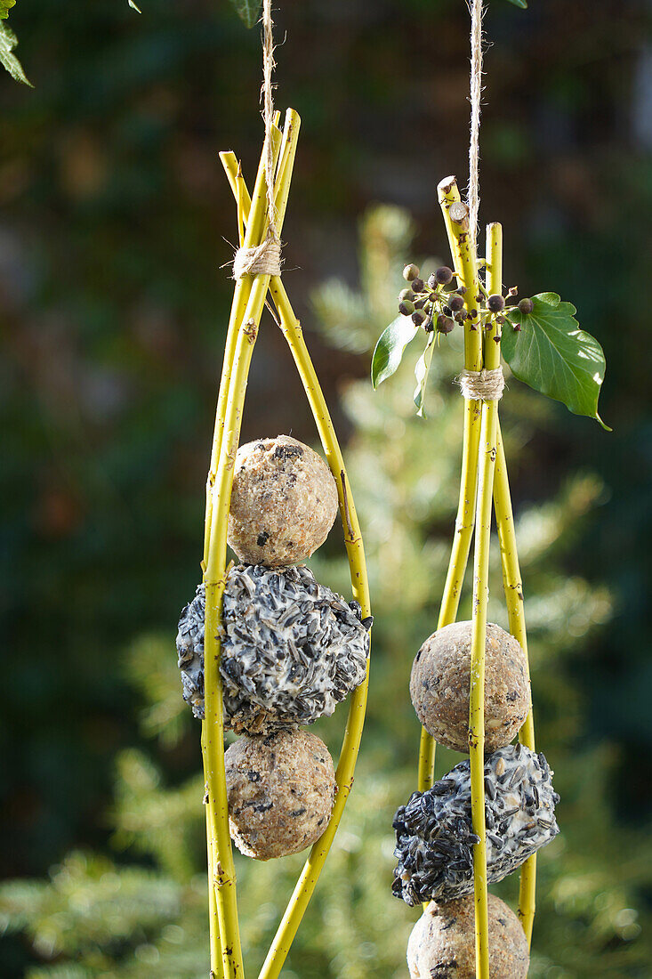 Selbstgemachte Vogelfutterspender aus Weidenzweigen im Garten