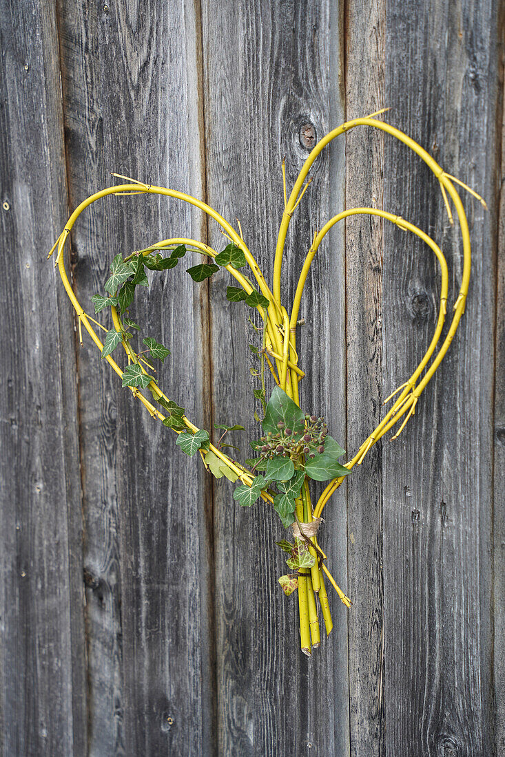 DIY-Herz aus gelben Zweigen und Efeu an Holzwand