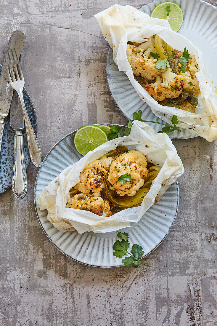 Cauliflower en papillote with miso, lime and pak choi