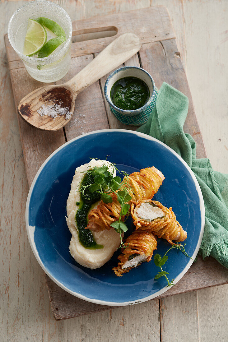 Rabbit in a potato spiral coat with chervil oil