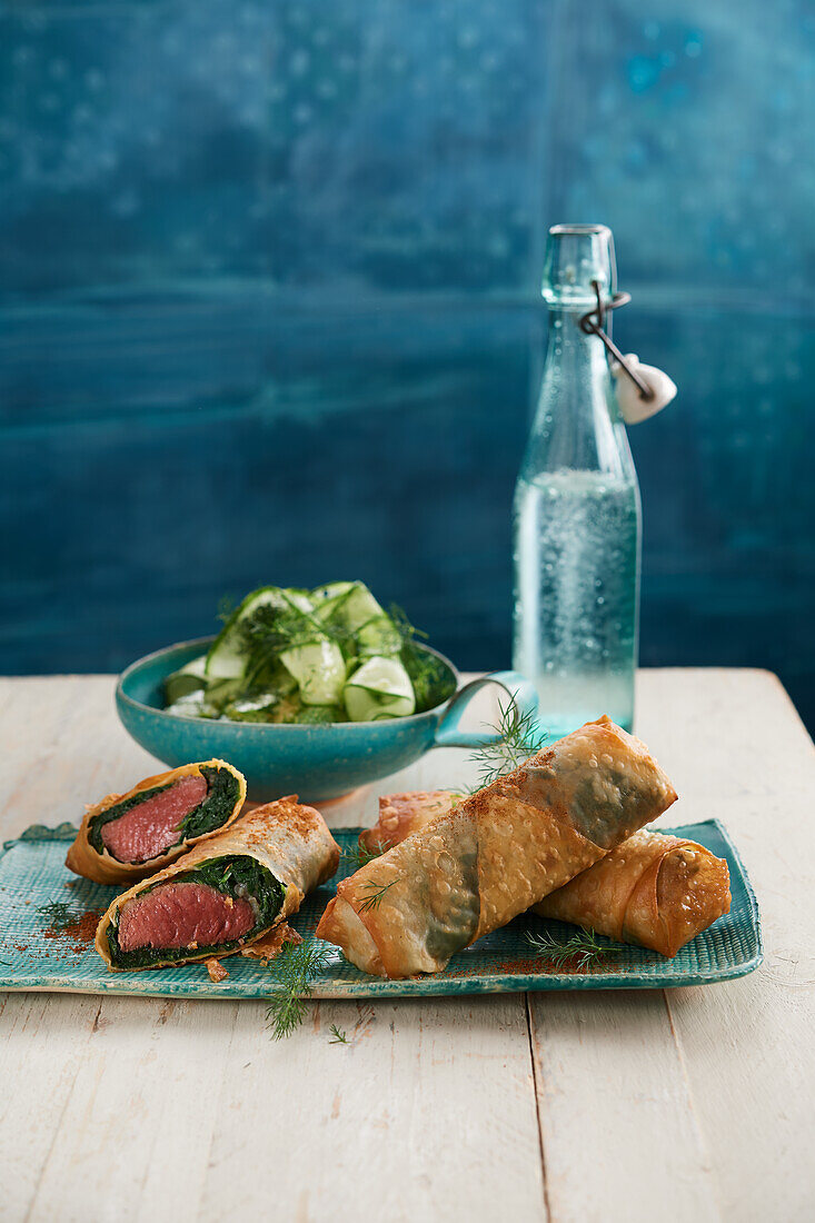 Börek of dry-aged beef fillet with gin cucumber
