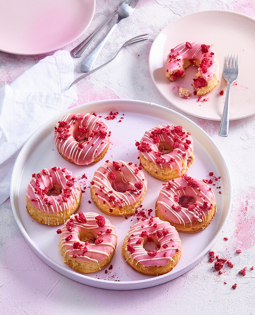 Raspberry donuts with freeze-dried raspberries