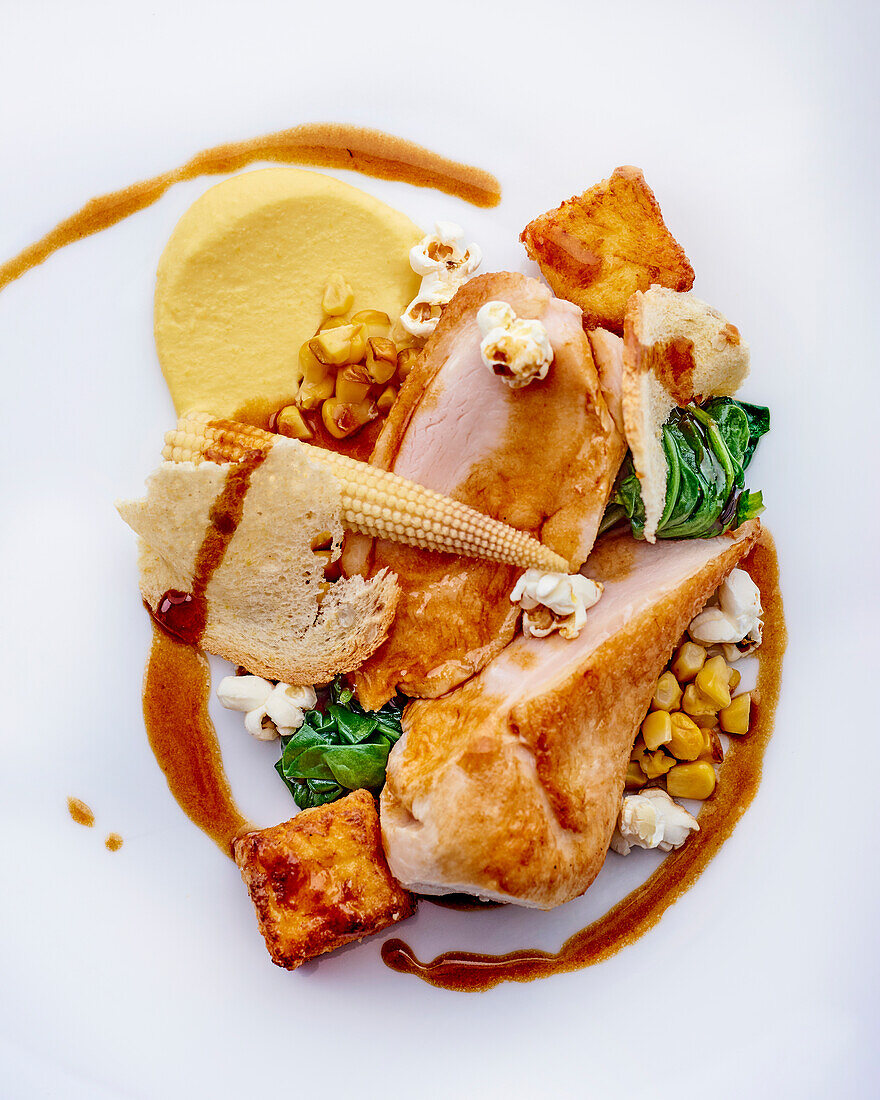 Chicken with sweetcorn, spinach and mash