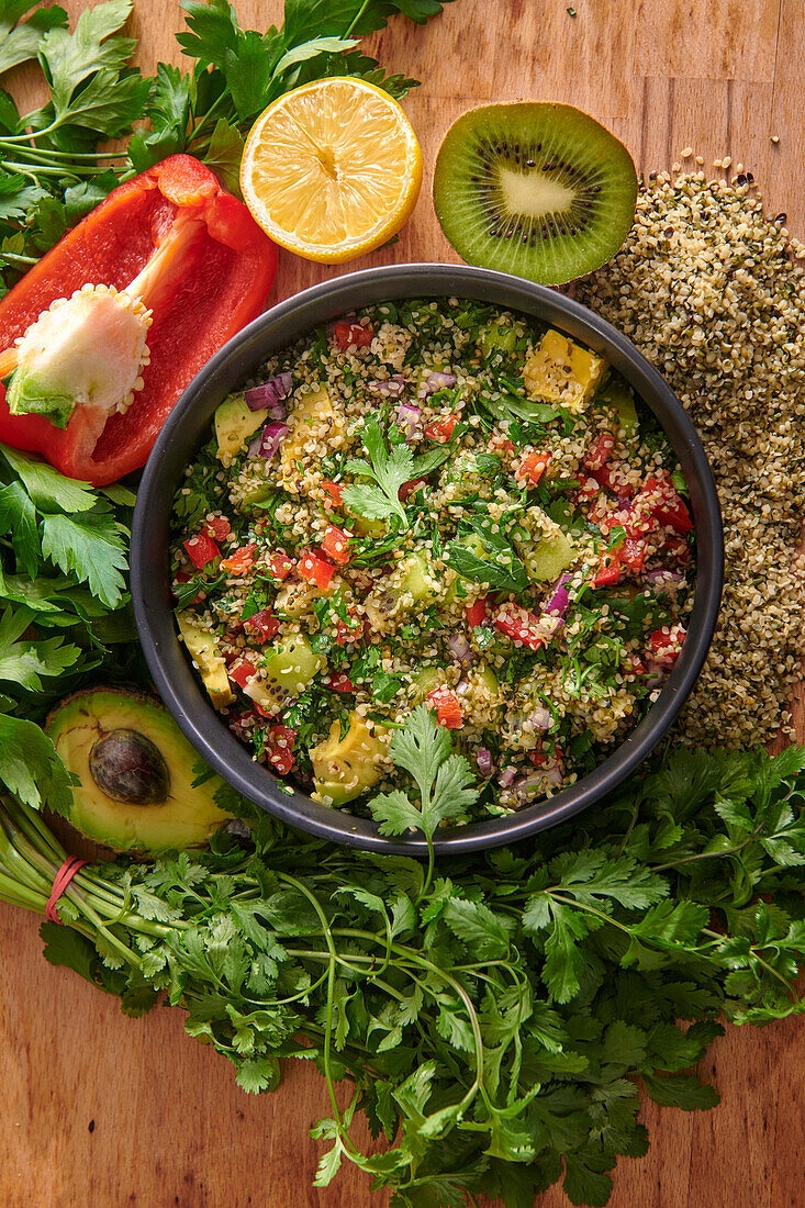 Tabouleh salad with fresh herbs, vegetables and lemon