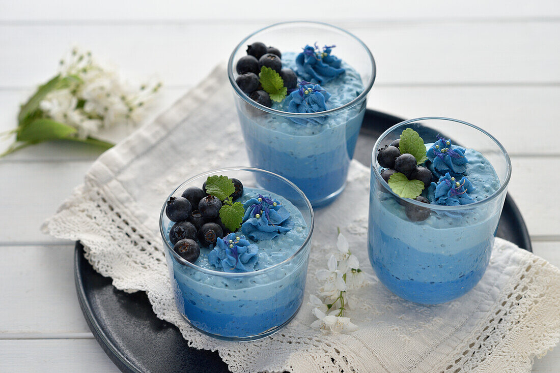 Vegan spirulina dessert with quark substitute, puffed millet and fresh blueberries