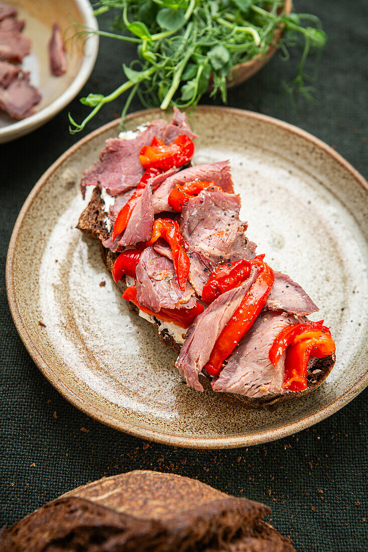 Toasted black sourdough bread with beef pastrami and paprika