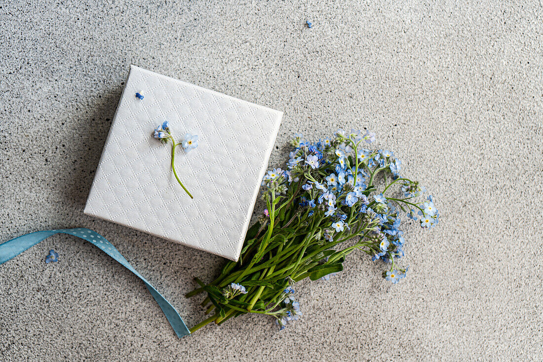 Blue forget-me-nots (Myosotis) next to gift box, decoration