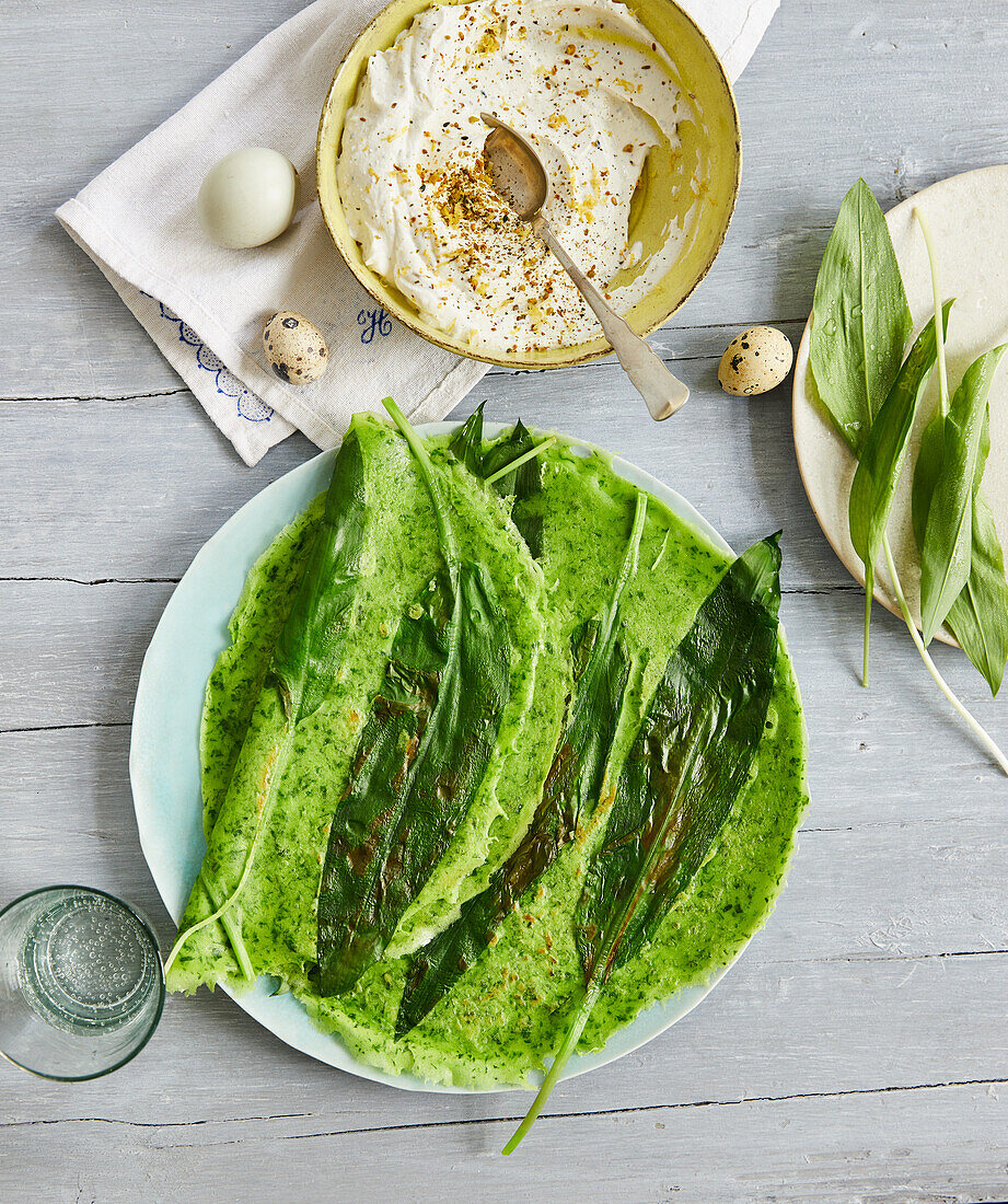 Wild garlic crêpes with lemon ricotta