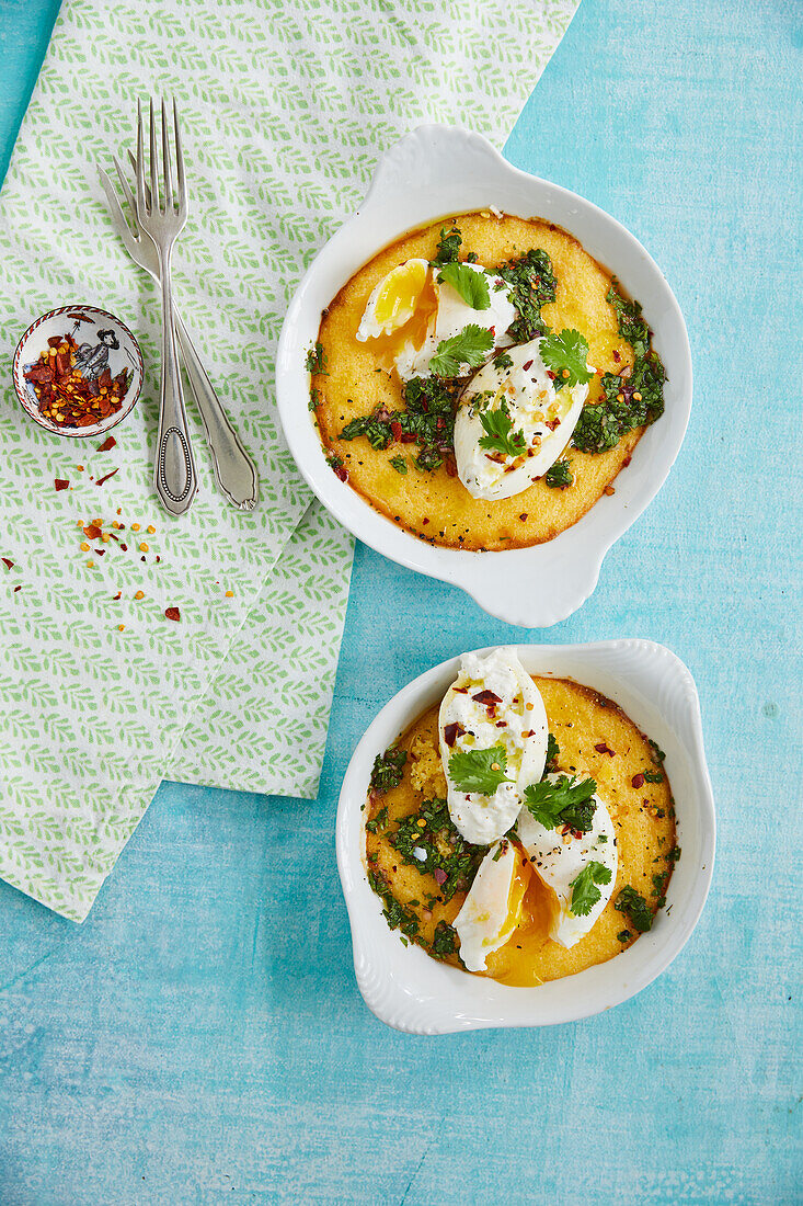 Baked polenta with burrata and poached eggs