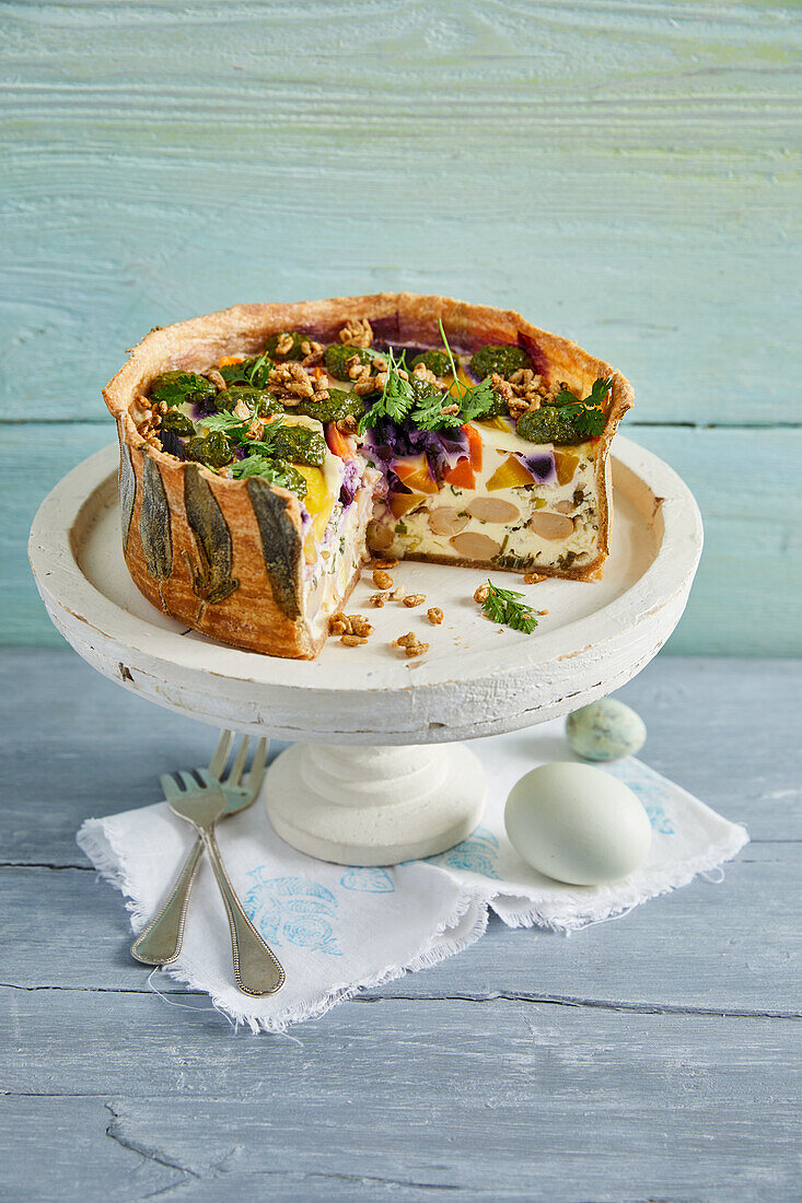 Carrot quiche with broad beans and pesto