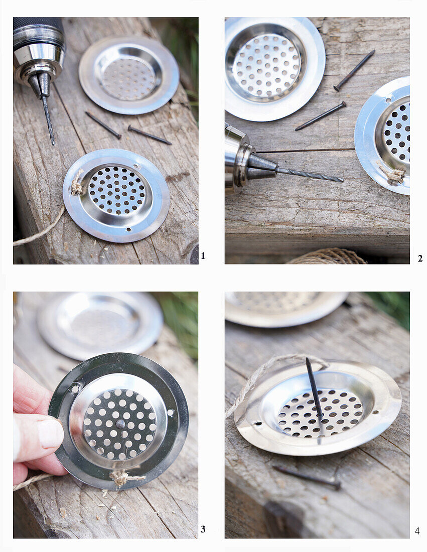 DIY titmouse dumpling holder sieve, titmouse dumpling holder made from a metal drainage sieve, row picture, DIY, 4 steps