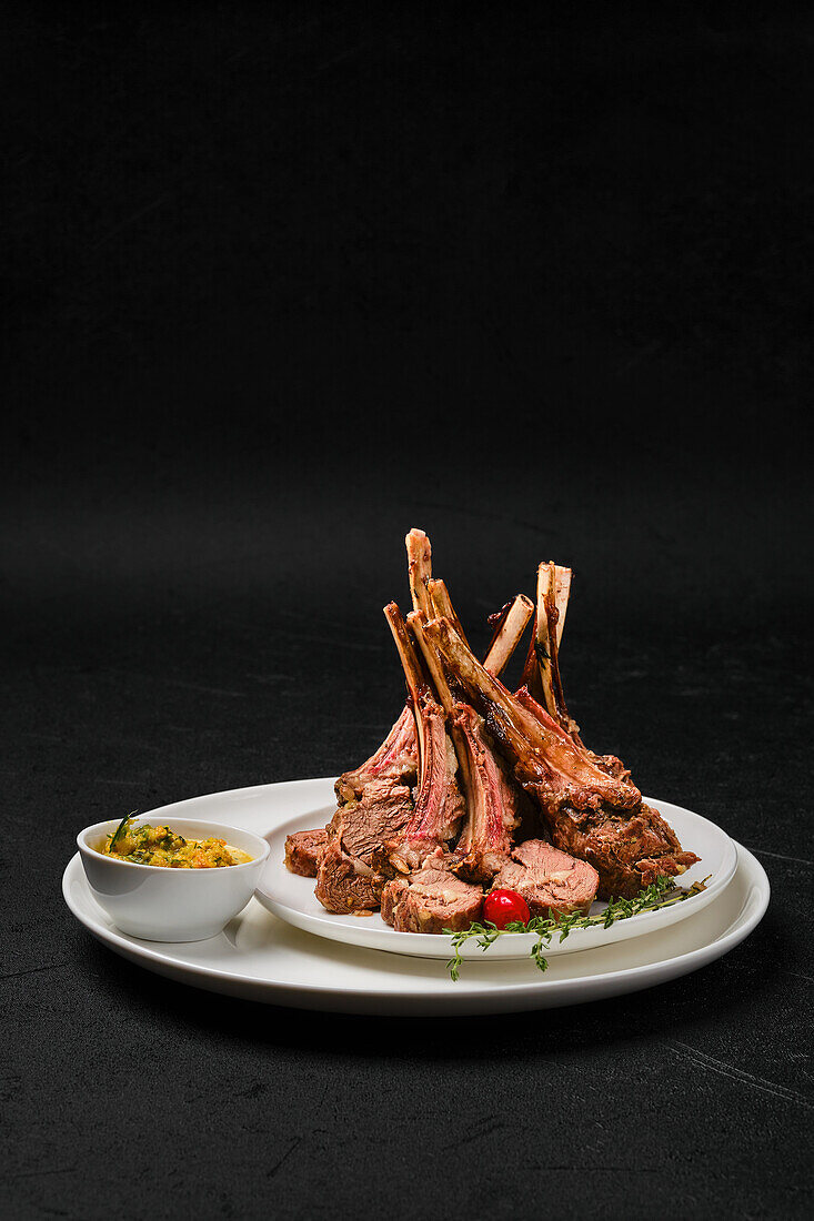 Grilled rack of lamb with herbs and hot sauce