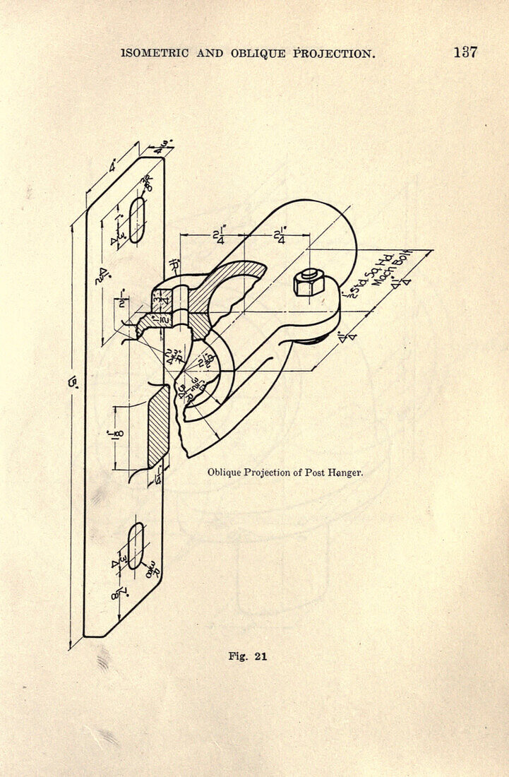 Oblique projection of post hanger, illustration