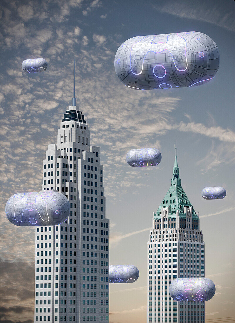 UFOs above New York City, illustration