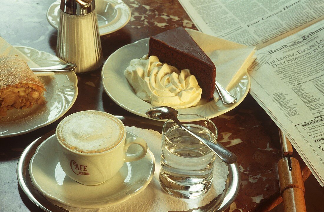 Coffee, water glass, Sacher torte & strudel on coffee house table