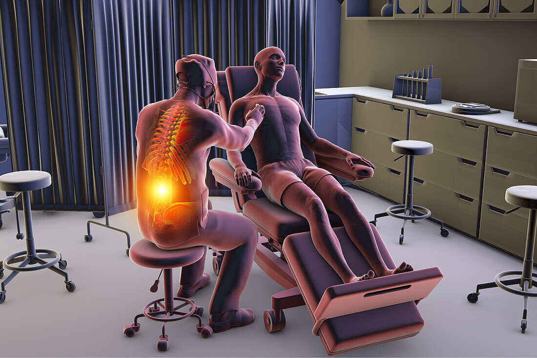 Healthcare worker experiencing back pain, illustration