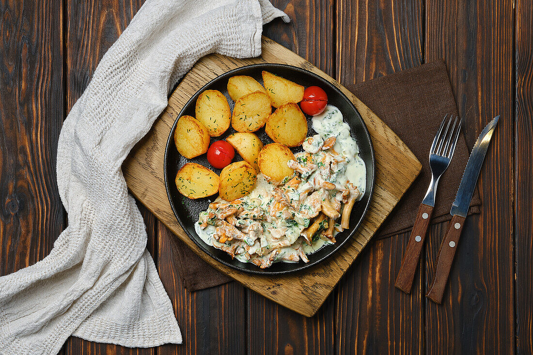 Pork with chanterelles and fried potatoes