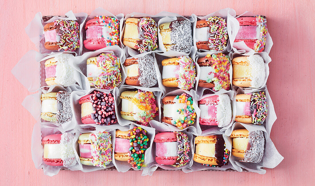 Colourful ice cream macaron sandwiches