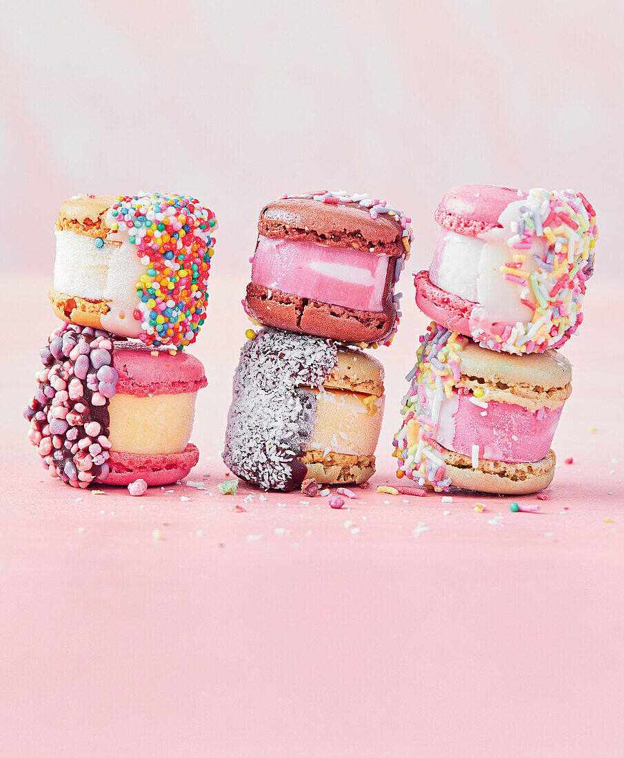 Colourful ice cream macaron sandwiches